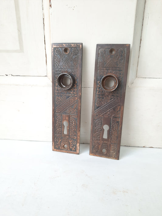 Pair of Cast Iron Ceylon Pattern Doorknob Backplates, Antique Eastlake Iron Escutcheons