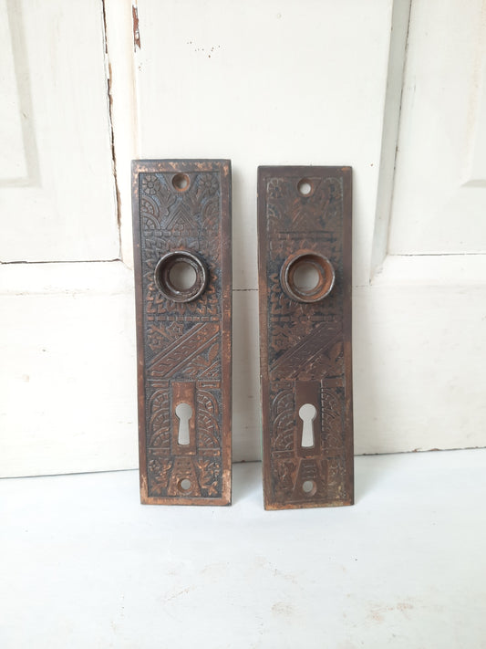 Pair of Cast Iron Ceylon Pattern Doorknob Backplates, Antique Eastlake Iron Escutcheons