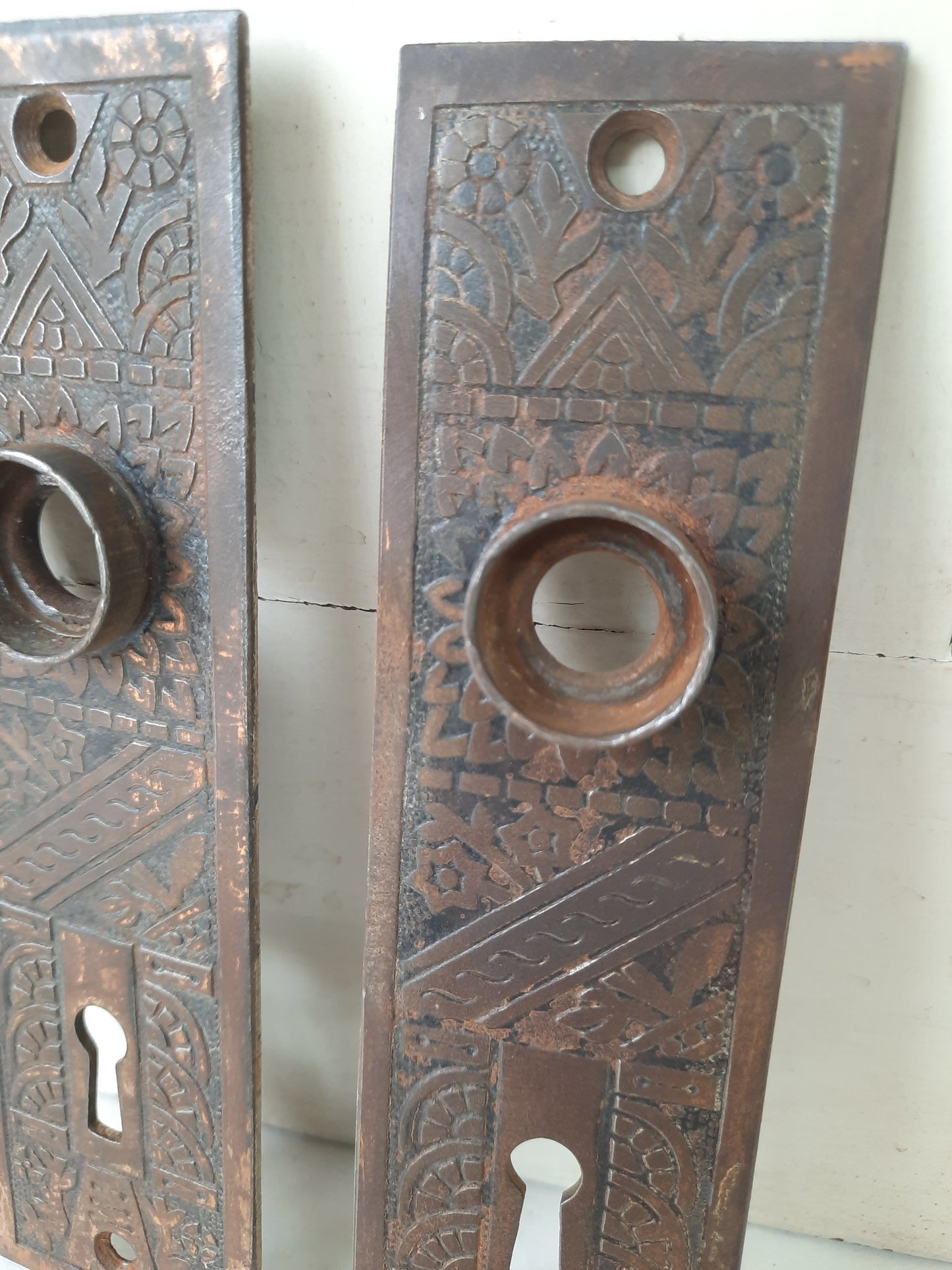 Pair of Cast Iron Ceylon Pattern Doorknob Backplates, Antique Eastlake Iron Escutcheons