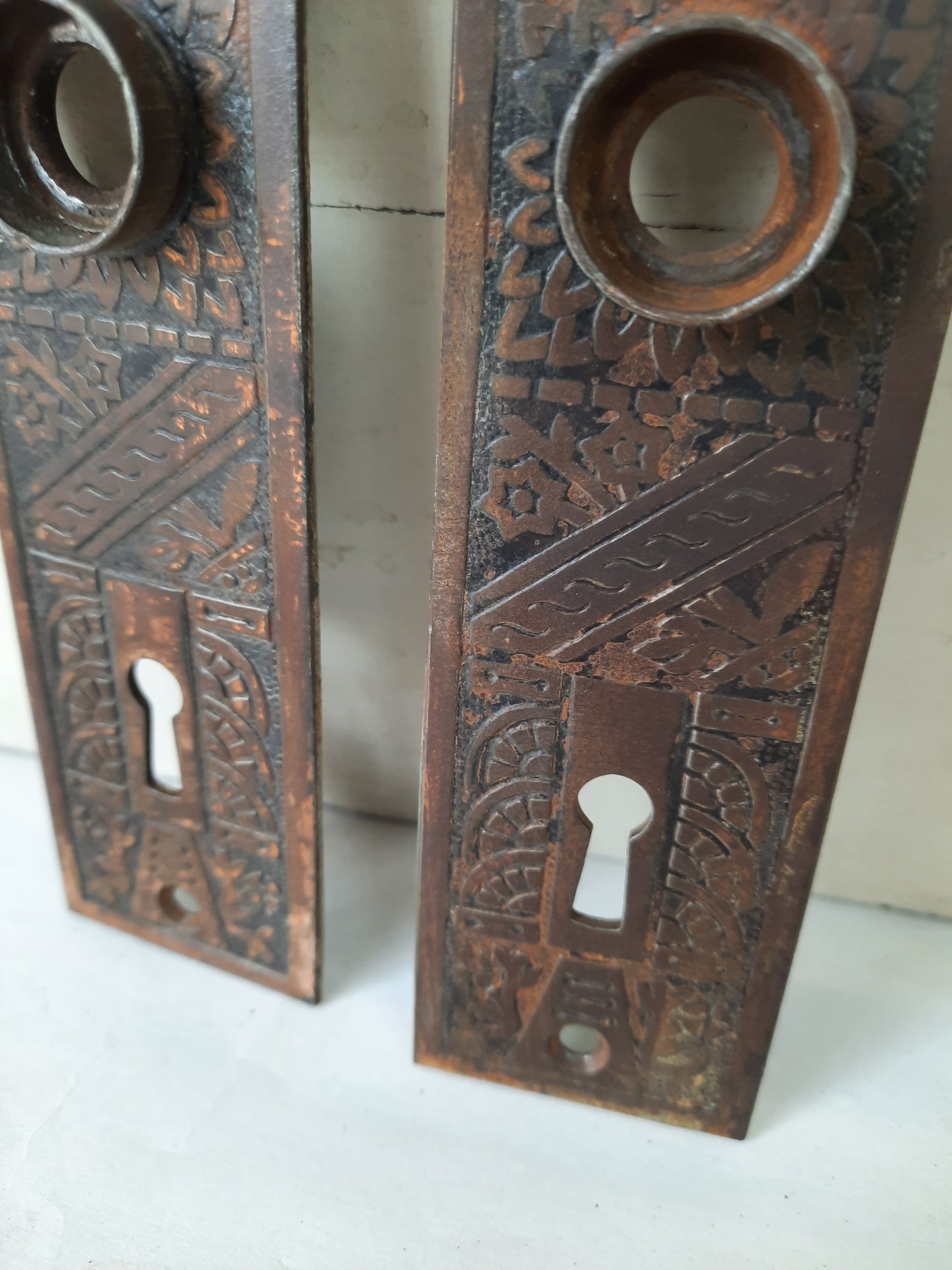 Pair of Cast Iron Ceylon Pattern Doorknob Backplates, Antique Eastlake Iron Escutcheons