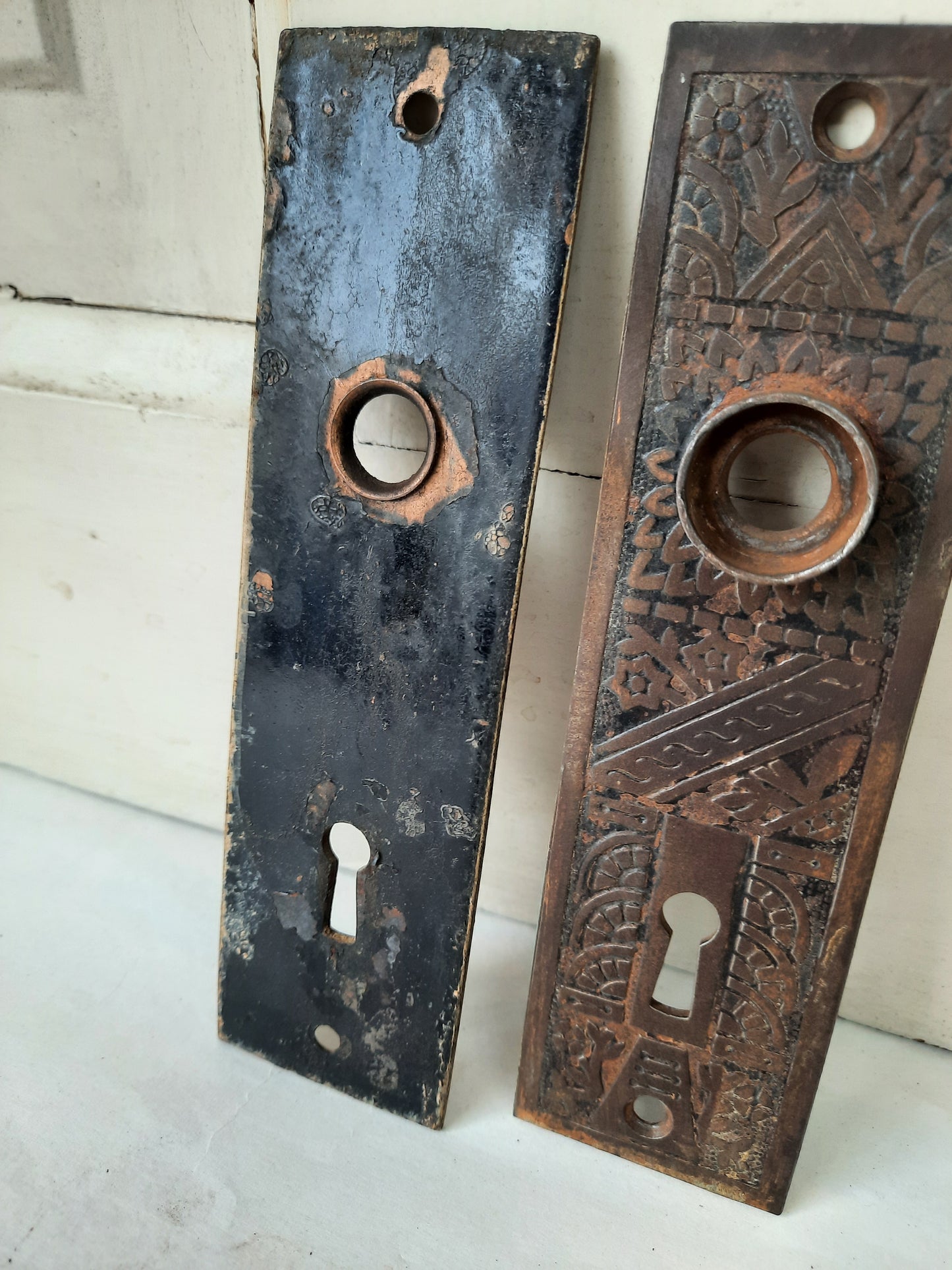 Pair of Cast Iron Ceylon Pattern Doorknob Backplates, Antique Eastlake Iron Escutcheons