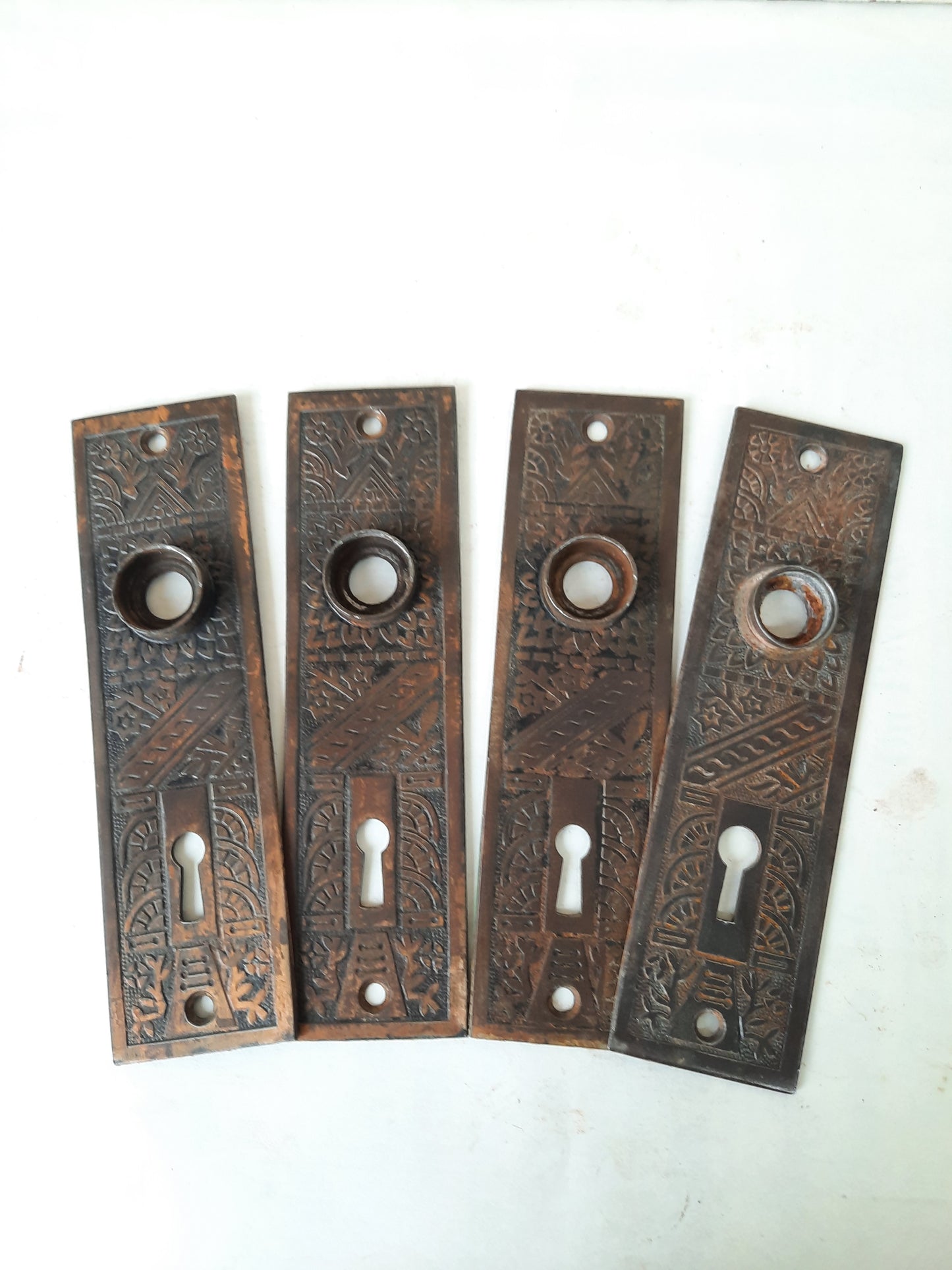 Pair of Cast Iron Ceylon Pattern Doorknob Backplates, Antique Eastlake Iron Escutcheons