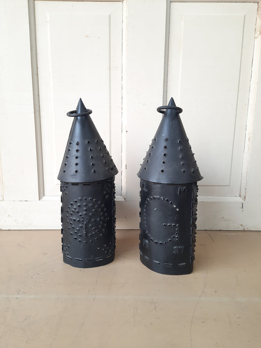 Pair of Pierced Metal Vintage Lanterns, Vintage Stamped Metal Candle Covers