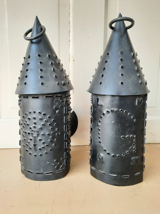 Pair of Pierced Metal Vintage Lanterns, Vintage Stamped Metal Candle Covers
