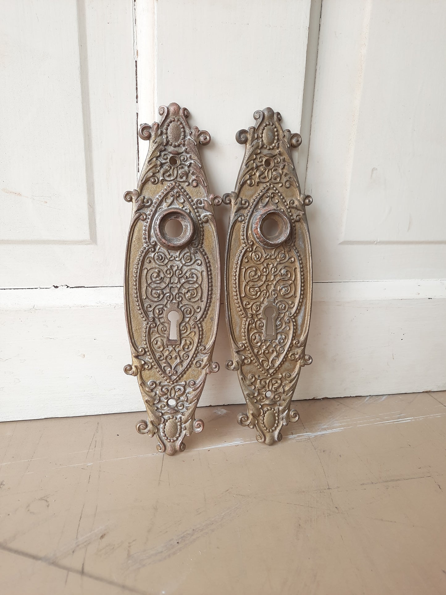 Pair Ornate Iron Backplates with Floral Design, Ornate Antique Doorknob Escutcheons