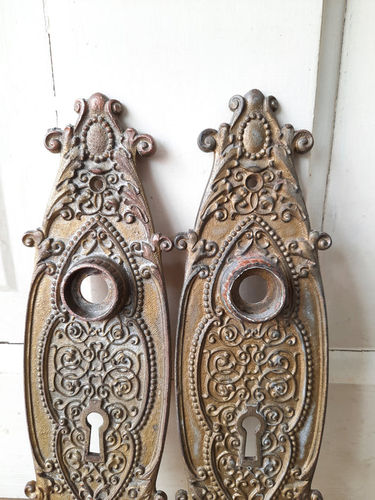Pair Ornate Iron Backplates with Floral Design, Ornate Antique Doorknob Escutcheons