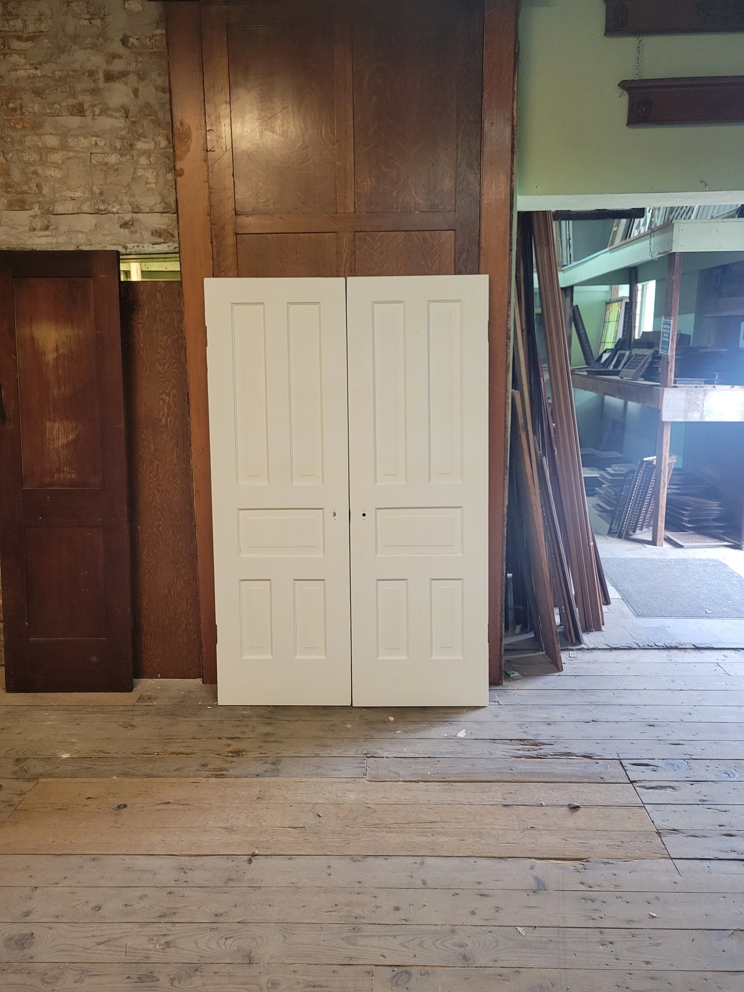 Pair of Antique White Five Panel Doors, Narrow Set of Solid Wood Double Doors #1