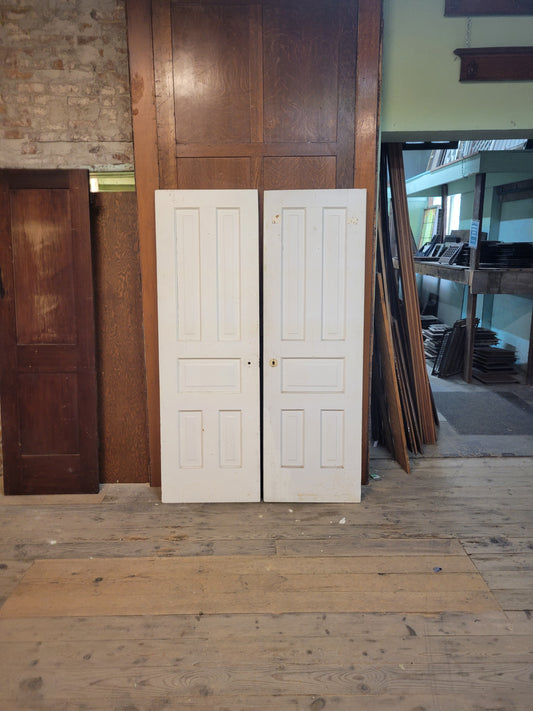 Pair of Antique White Five Panel Doors, Narrow Set of Solid Wood Double Doors #1