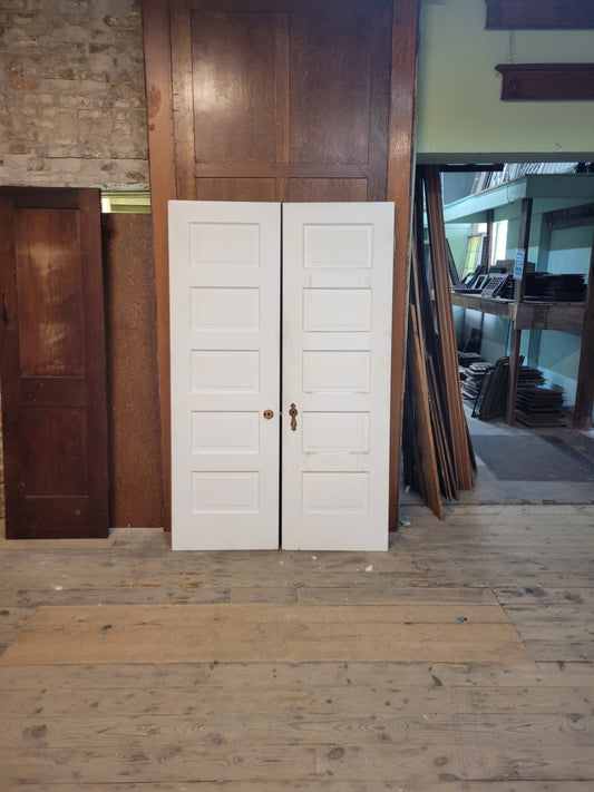 48" Wide Antique White Five Panel Doors, Narrow Set of Solid Wood Double Doors #2