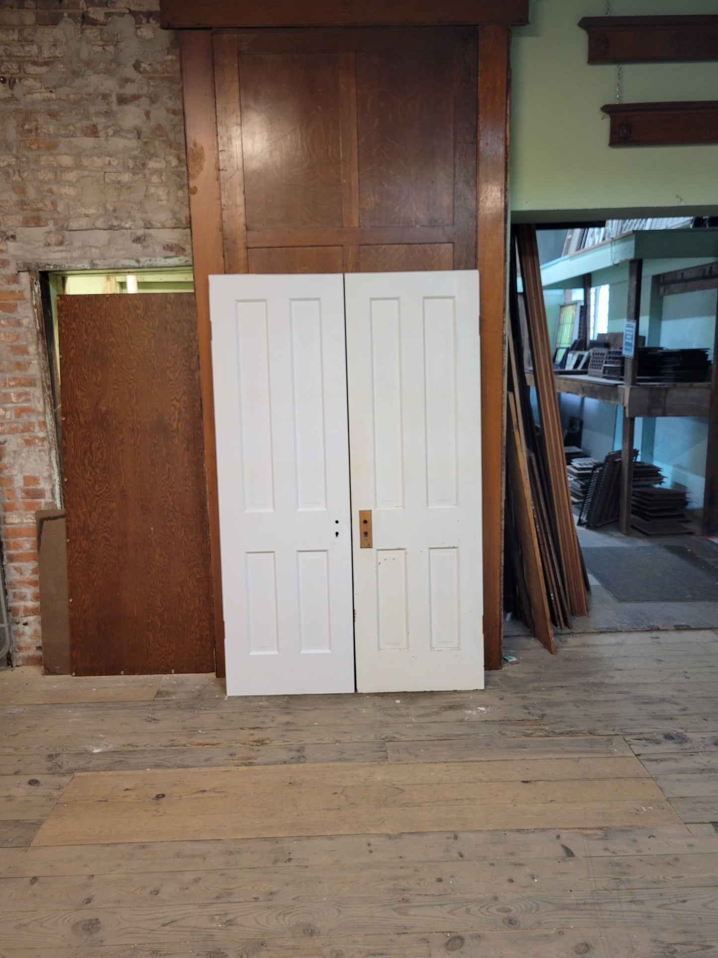 Victorian 48" Wide Antique White Five Panel Doors, Narrow Set of Solid Wood Double Doors #5