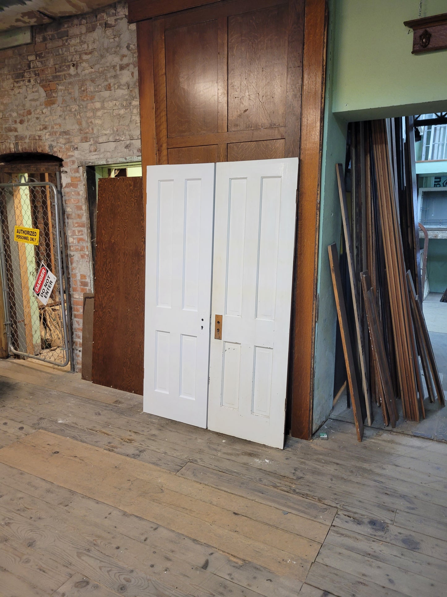 Victorian 48" Wide Antique White Five Panel Doors, Narrow Set of Solid Wood Double Doors #5