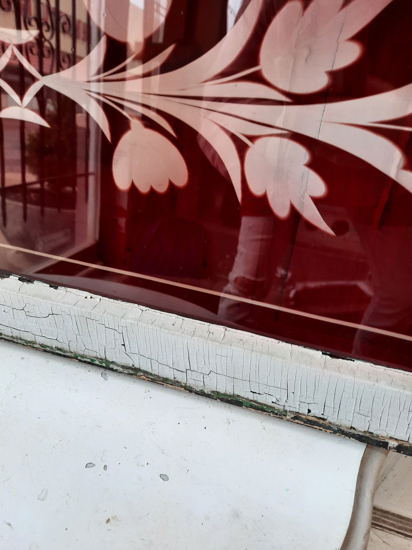 Antique Ruby Flash Glass Transom Window, Victorian Era Red Cut Glass Transom