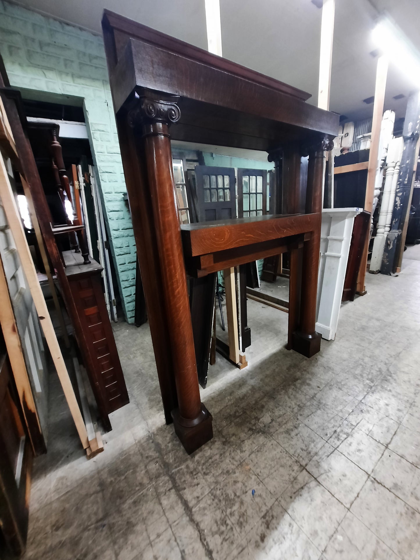 Antique Tiger Oak Mantel with Mirror, Large Carved Column Fireplace Mantel