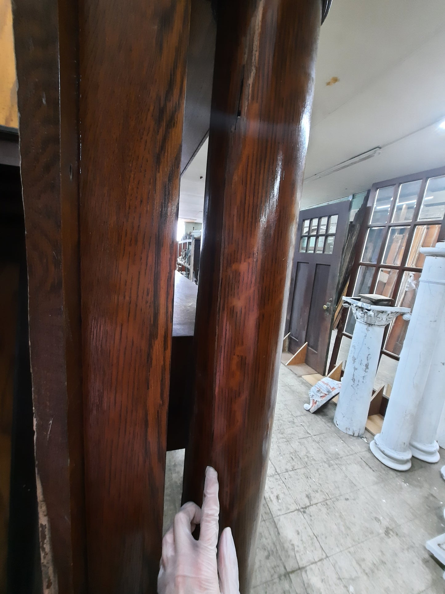 Antique Tiger Oak Mantel with Mirror, Large Carved Column Fireplace Mantel