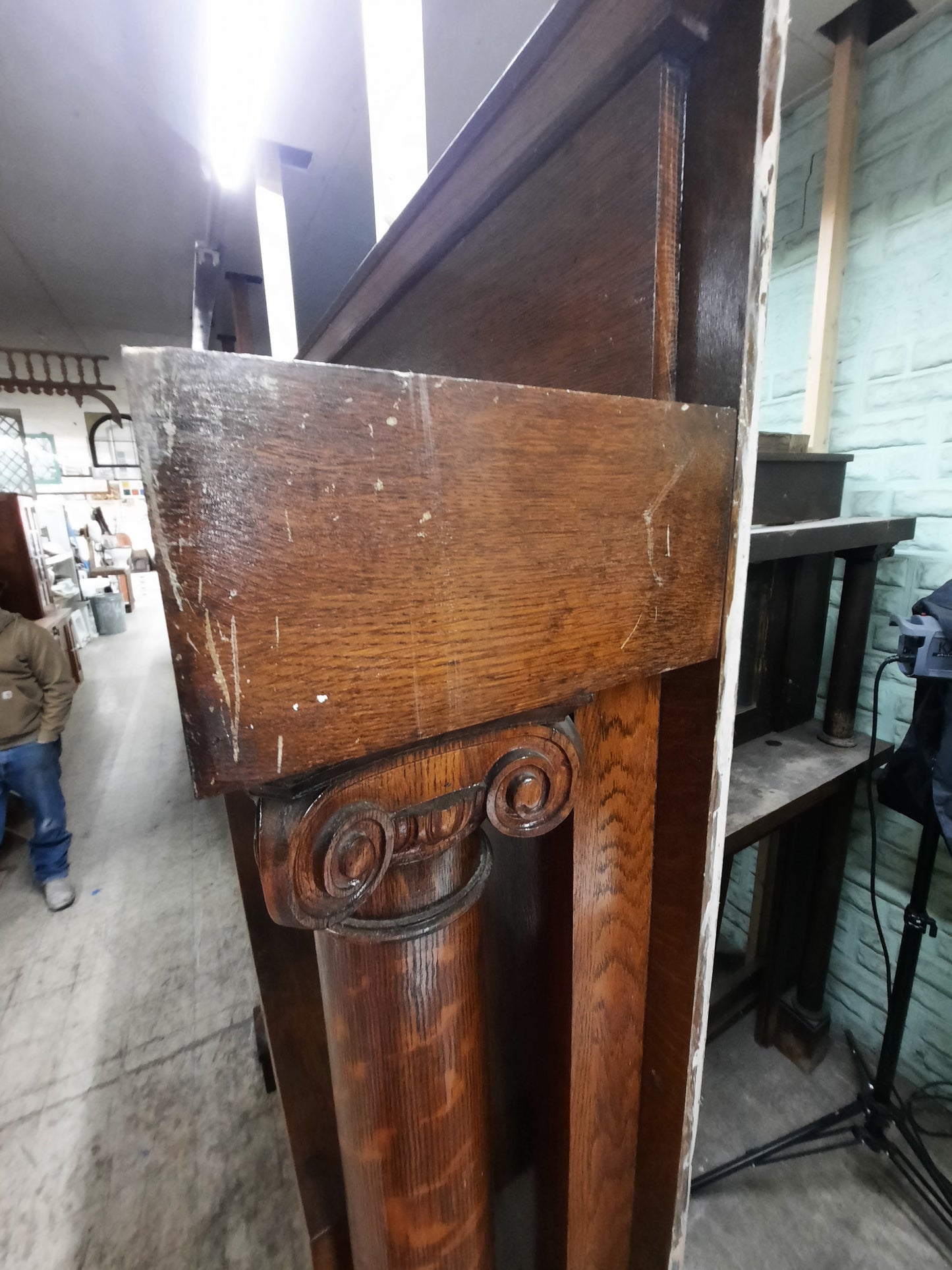 Antique Tiger Oak Mantel with Mirror, Large Carved Column Fireplace Mantel