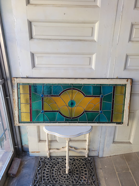 Blue and Yellow Gold Antique Stained Glass Window, Stained Glass Transom Window with Rondel Pieces