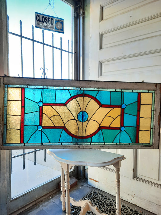 Blue and Yellow Gold Antique Stained Glass Window, Stained Glass Transom Window with Rondel Pieces
