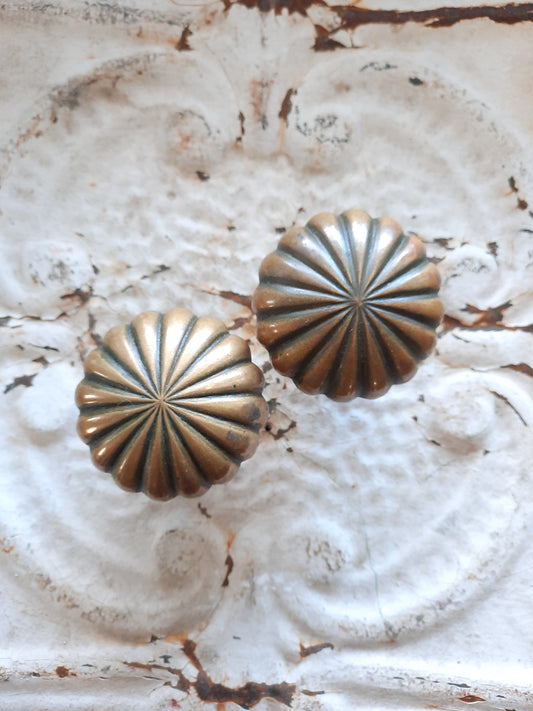 Pair of Scalloped Radial Design Bronze Doorknobs, Antique Fan Design Door Knobs