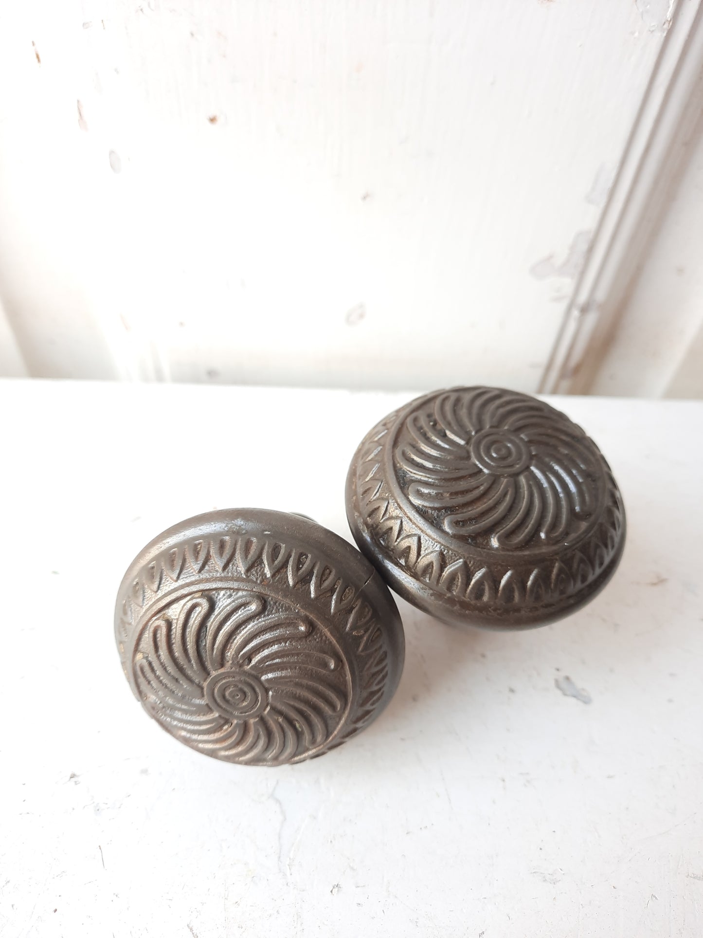 Pair of Cast Iron Lockwood Doorknobs, Antique Spiral Design Door Knob Set