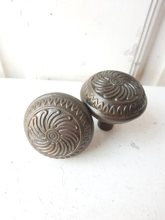 Pair of Cast Iron Lockwood Doorknobs, Antique Spiral Design Door Knob Set