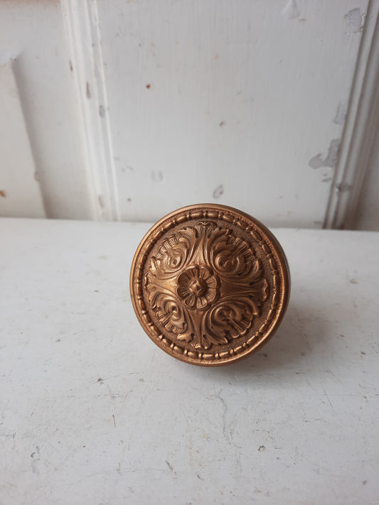 Ornate Floral Design Antique Doorknob with Raised Center, Flower and Leaf Design Bronze Door Knob