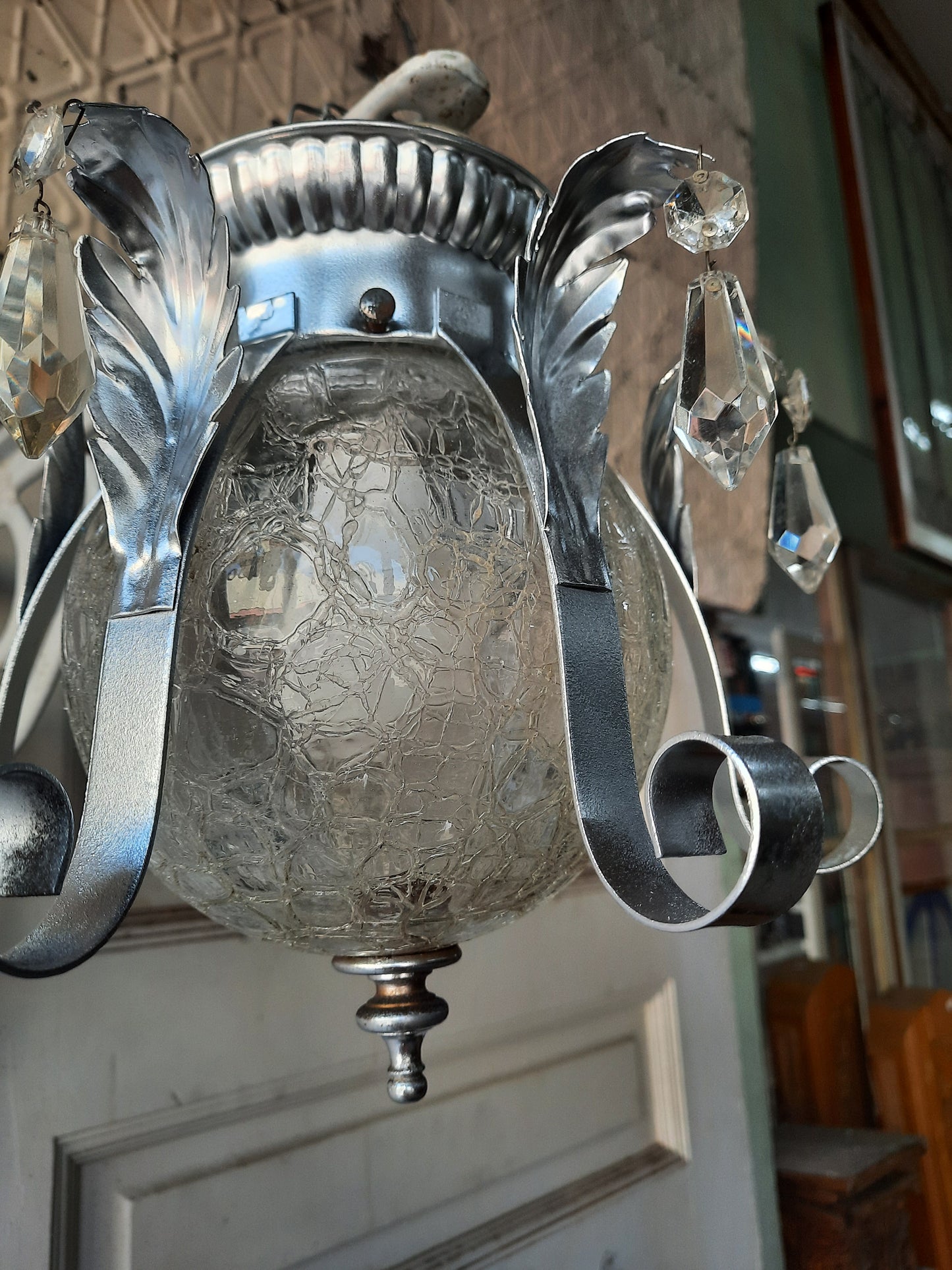 Hollywood Regency Crackle Glass Flush Mount Light, Vintage Silver MCM Ceiling Fixture