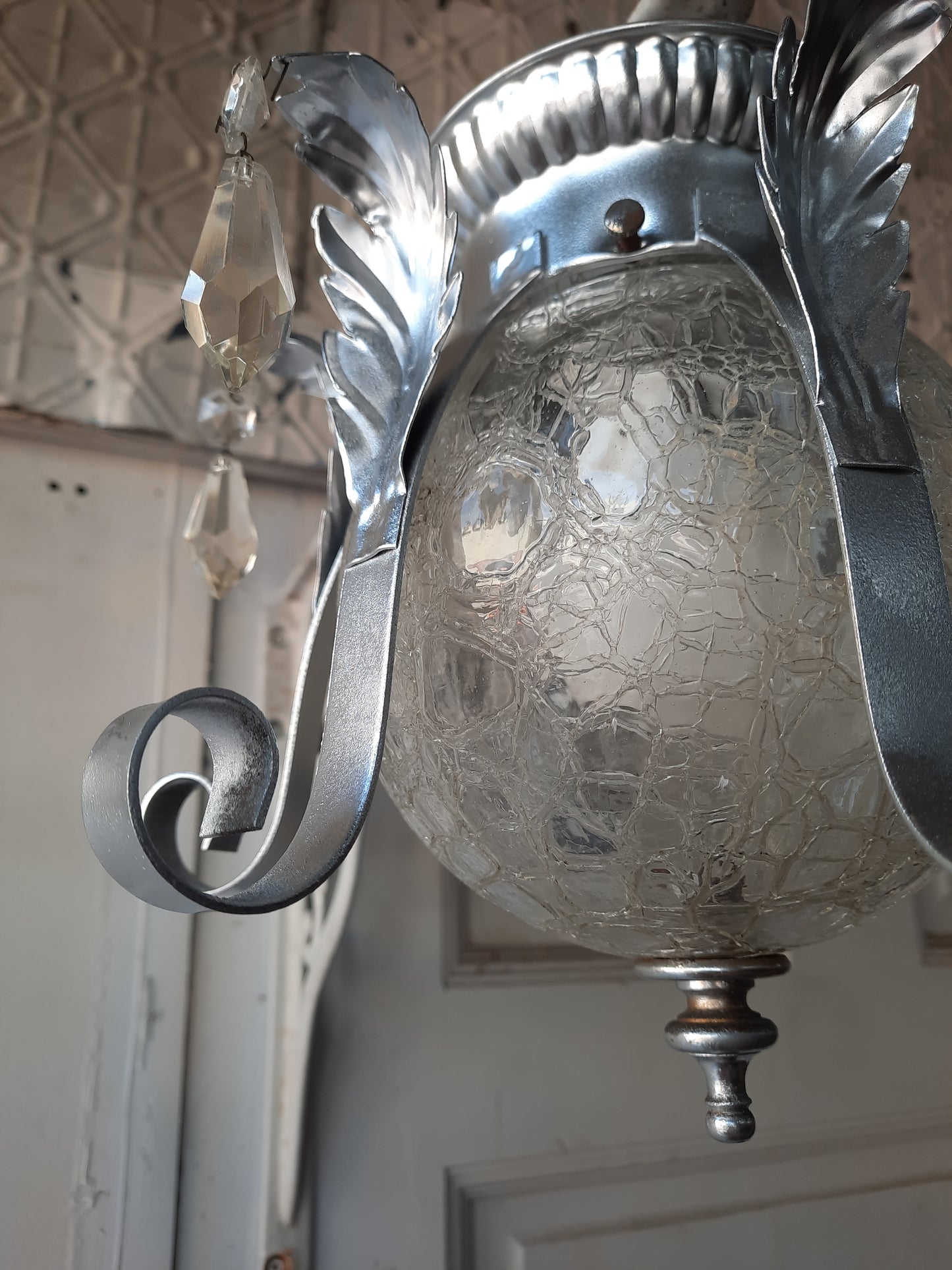 Hollywood Regency Crackle Glass Flush Mount Light, Vintage Silver MCM Ceiling Fixture