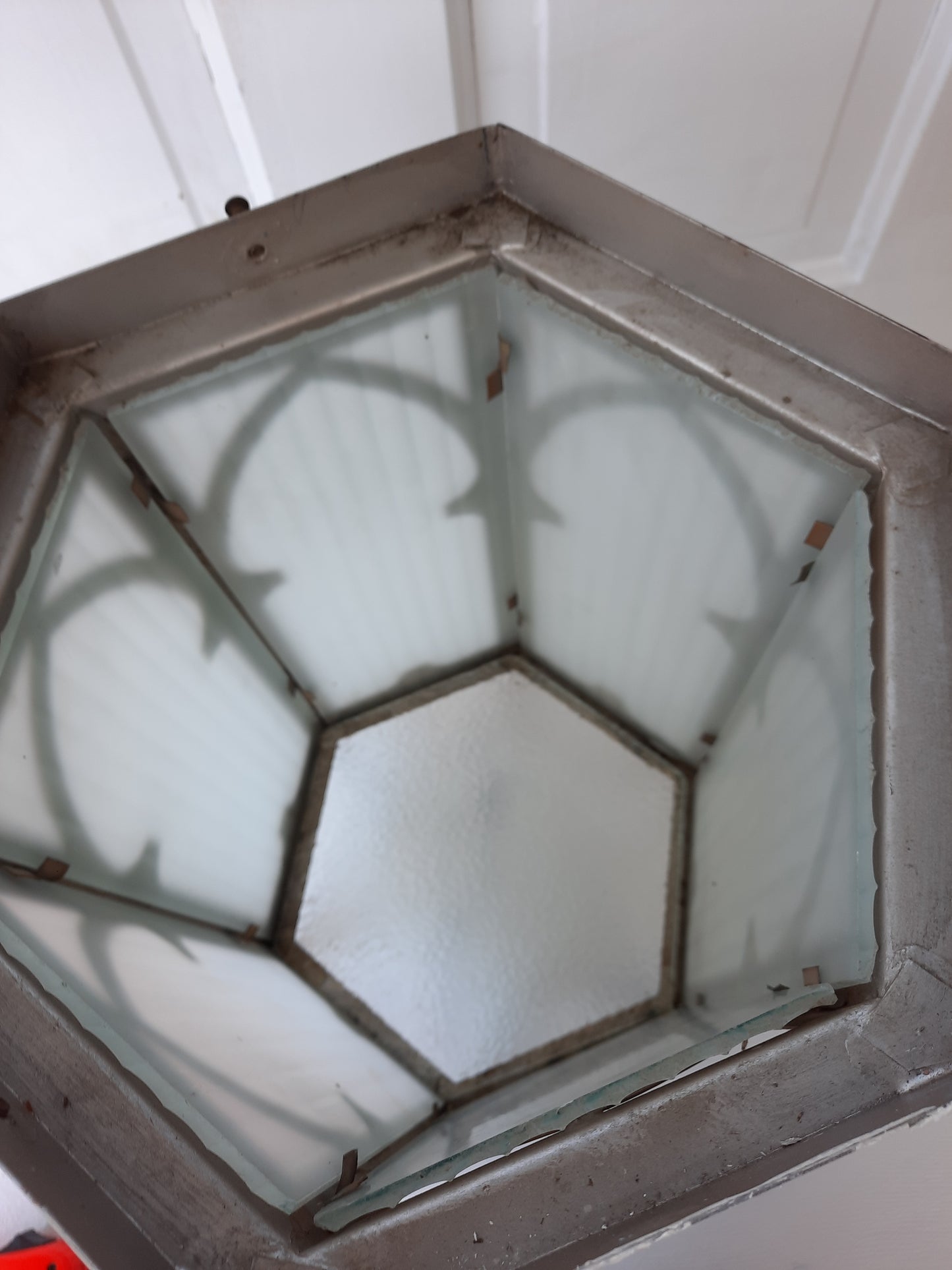Vintage Gold and Glass Hexagonal Church Light, Flush Mount Lantern Style Ceiling Light