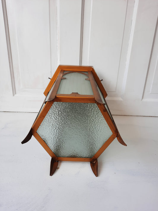 Vintage Gold and Glass Hexagonal Church Light, Flush Mount Lantern Style Ceiling Light