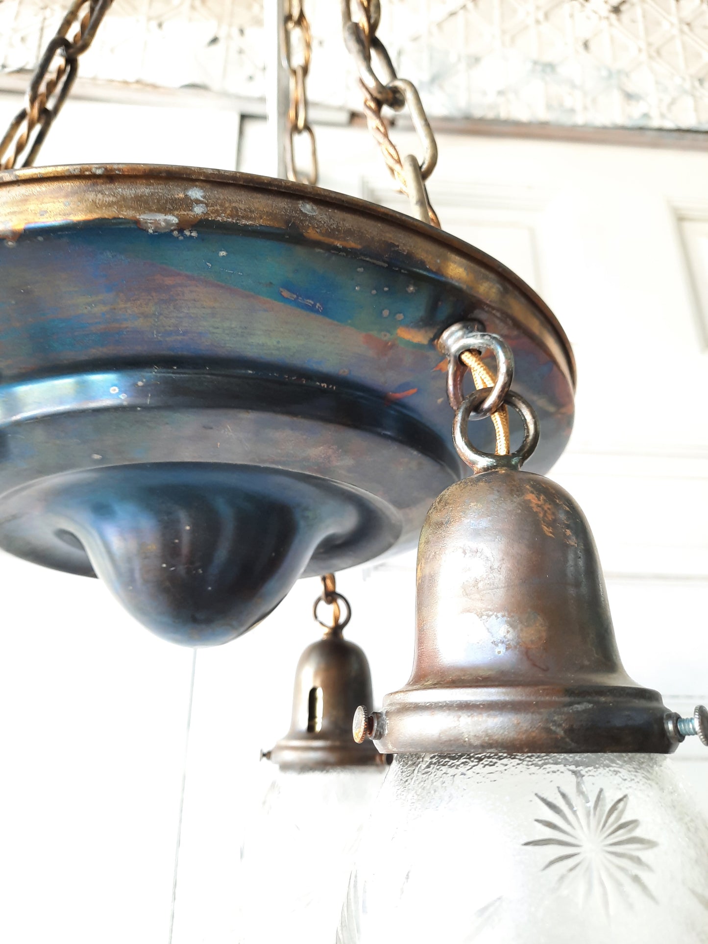 Brass Pan Light with Cut Glass Shades, 1900s Vintage Three Chain Chandelier with Glass Shades