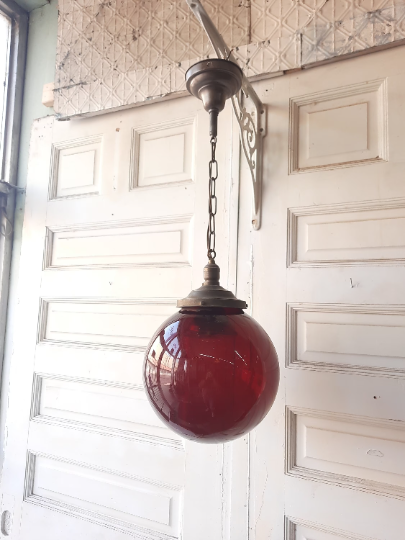 Ruby Red Glass Pendant Light, Vintage Red Glass Globe Hanging Pendant Fixture