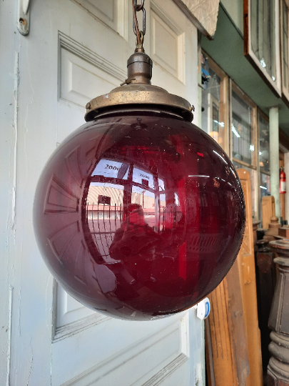 Ruby Red Glass Pendant Light, Vintage Red Glass Globe Hanging Pendant Fixture